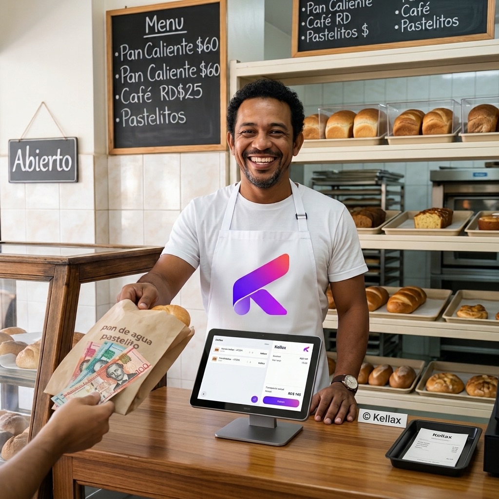 Un panadero entrega una funda de pan a un cliente que paga en efectivo, con la tableta de Kellax sobre el mostrador